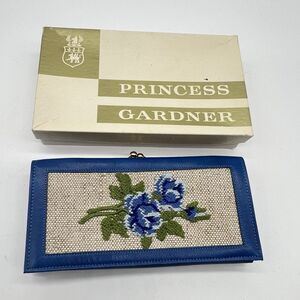 VTG Princess Gardner Blue Leather/Needlepoint Rose French Purse Wallet-NOS-NIB
